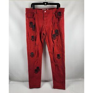 PREME Jeans Mens 40x33 Vintage Red Distressed  Black Skull Bones Poison